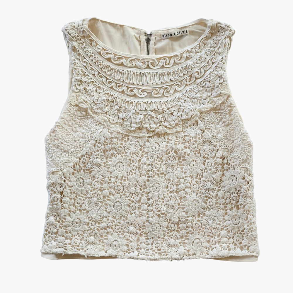 Alice + Olivia Cream Floral Textured Crochet Lace Crop Top Sleeveless Blouse
